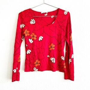 RODIER vintage red floral sheer blouse y2k french designer top Small long sleeve
